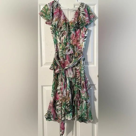 BADGLEY MISHKA 8 EASTER Resort Wedding Coastal Palm Ruffle Pink Green Maxi Dress - Picture 5 of 16